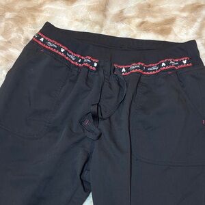 Disney Black Scrub Pants with Red Mickey Mouse Trim, size large, EUC